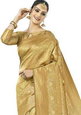 Golden woven kanchipuram silk saree with blouse 2