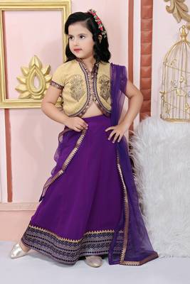 Purple embroidered
 georgette
 stitched lehenga 1
