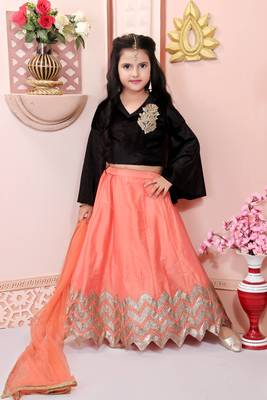 Peach embroidered cotton silk
 stitched lehenga 1