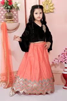 Peach embroidered cotton silk
 stitched lehenga