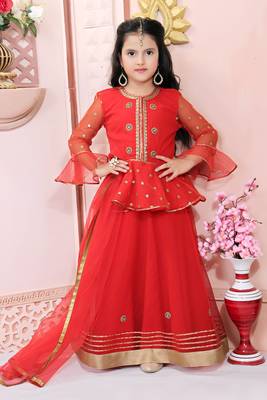 Red embroidered net stitched lehenga 1