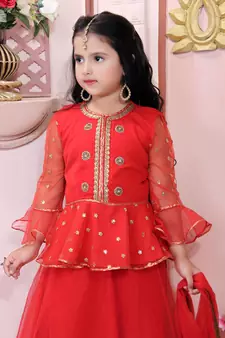 Red embroidered net stitched lehenga