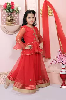 Red embroidered net stitched lehenga