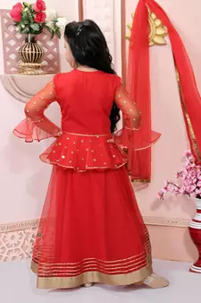 Red embroidered net stitched lehenga