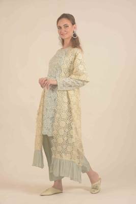  Blue hand embroidery and straight pants with floral duppatta with ruffles 1