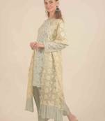  Blue hand embroidery and straight pants with floral duppatta with ruffles