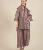 Wine hand woven linen kurta with pant set