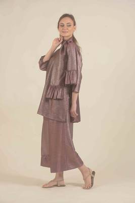 Wine hand woven linen kurta with pant set 3