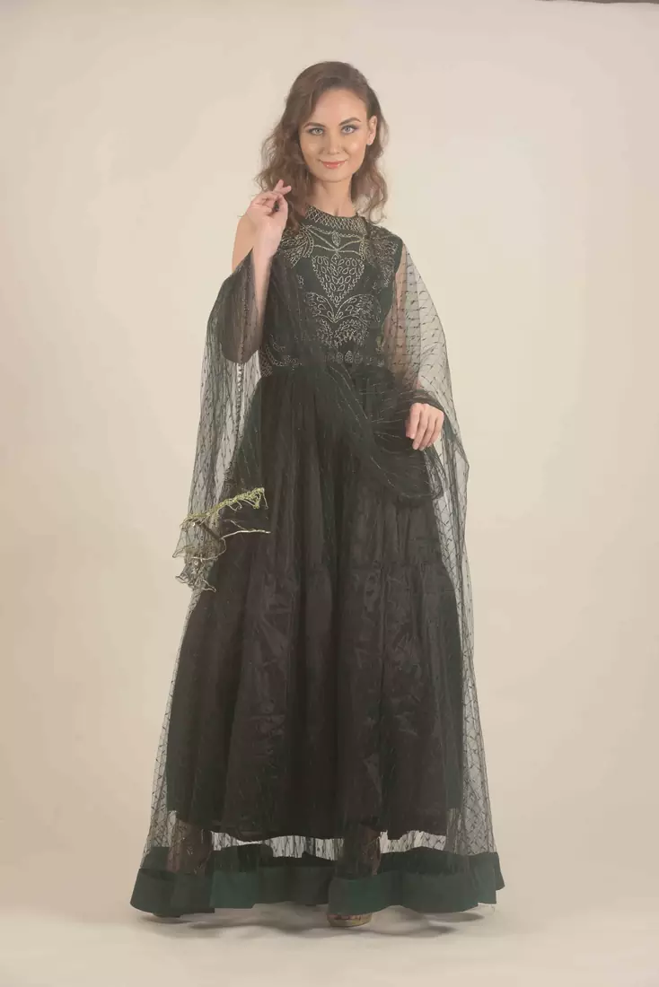 Rina Dhaka anarkali dress with detailing of zari work with ruffle duppatta