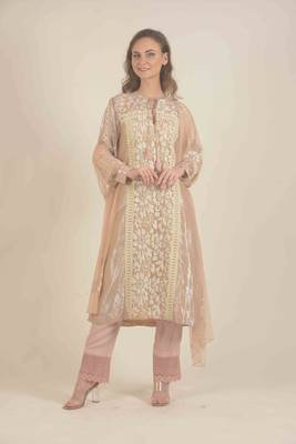 Peach full sleeve kurta with  lace work pants  1