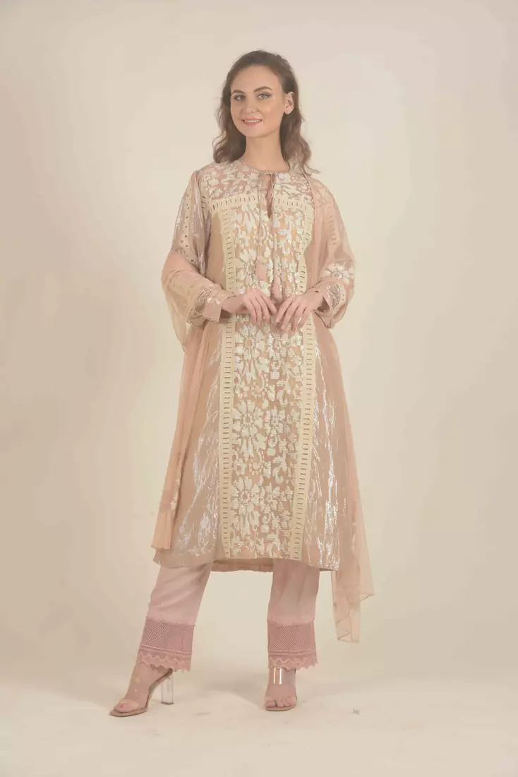 Rina Dhaka peach full sleeve kurta with  lace work pants ,duppata
