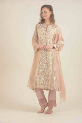 Peach full sleeve kurta with  lace work pants  2