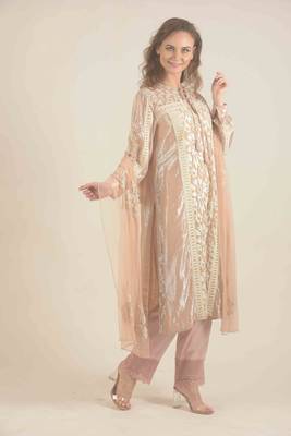 Peach full sleeve kurta with  lace work pants  3