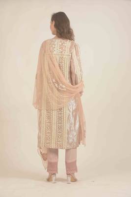 Peach full sleeve kurta with  lace work pants  5