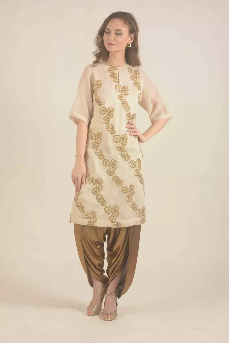 Rina Dhaka gold hand woven kurta with lurex deatil,all over floral embroidery with zari