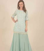  Blue chikankari floral work detail kurta with flair slit pants