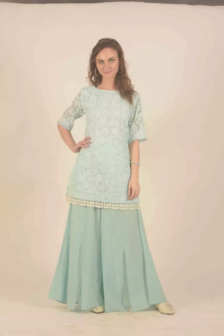 Rina Dhaka blue chikankari floral work deatil in kurta with flair slit pants
