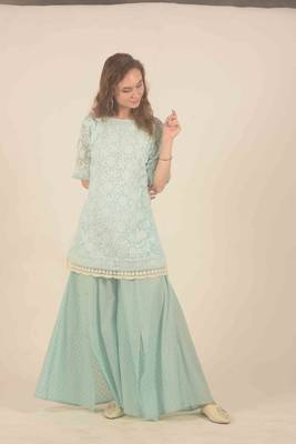  Blue chikankari floral work detail kurta with flair slit pants 2