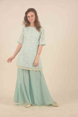  Blue chikankari floral work detail kurta with flair slit pants 3