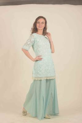 Blue chikankari floral work detail kurta with flair slit pants 4