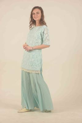  Blue chikankari floral work detail kurta with flair slit pants 5