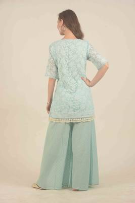  Blue chikankari floral work detail kurta with flair slit pants 6
