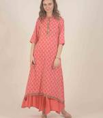  Peach block print cotton kurta with flair pants