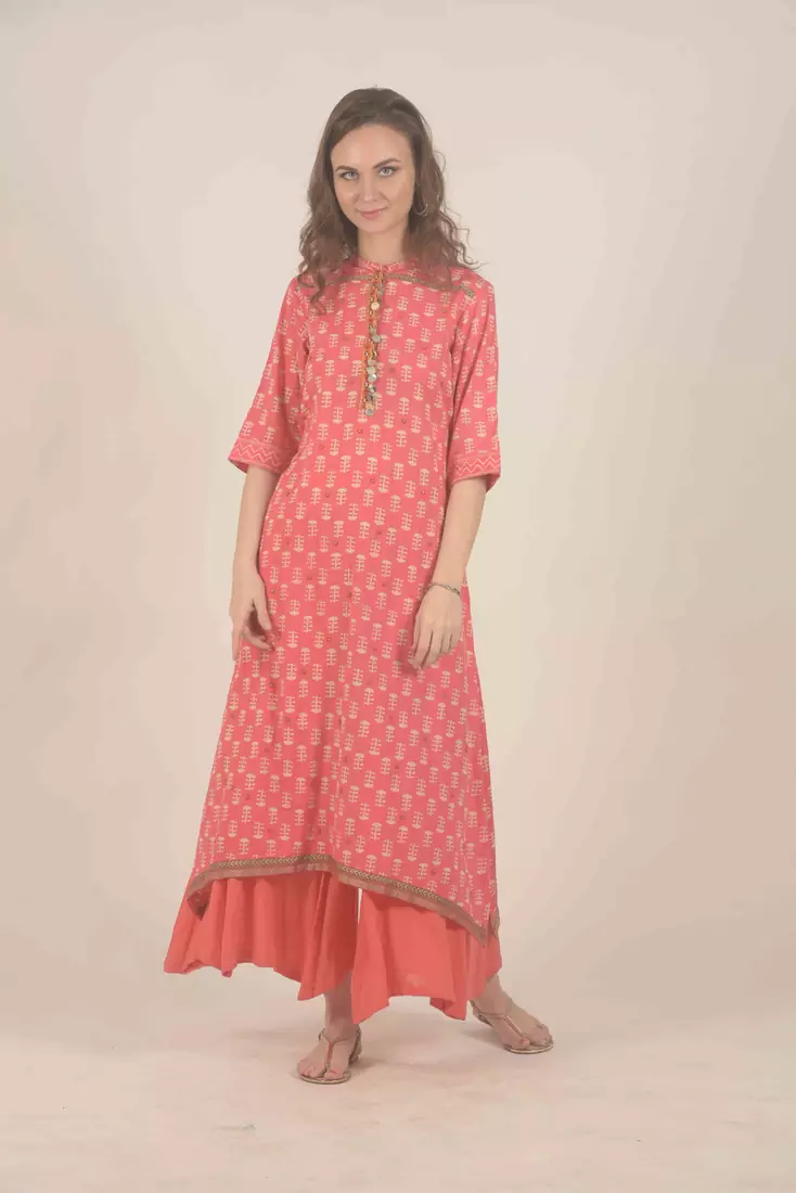 Rina Dhaka peach block print cotton kurta with flair pants