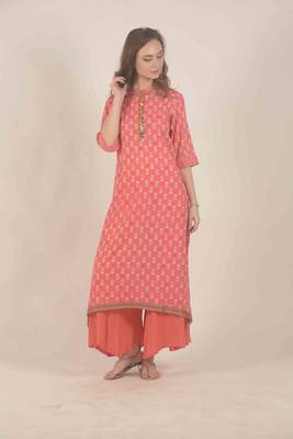  Peach block print cotton kurta with flair pants 2