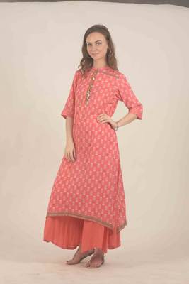  Peach block print cotton kurta with flair pants 3