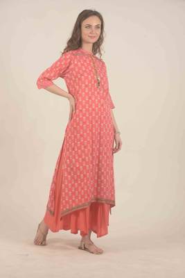  Peach block print cotton kurta with flair pants 4