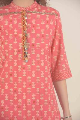  Peach block print cotton kurta with flair pants 7