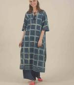 Rina Dhaka blue check half sleeve kurta with flair pants