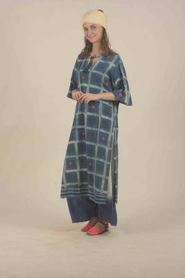  Blue check half sleeve kurta with flair pants 2
