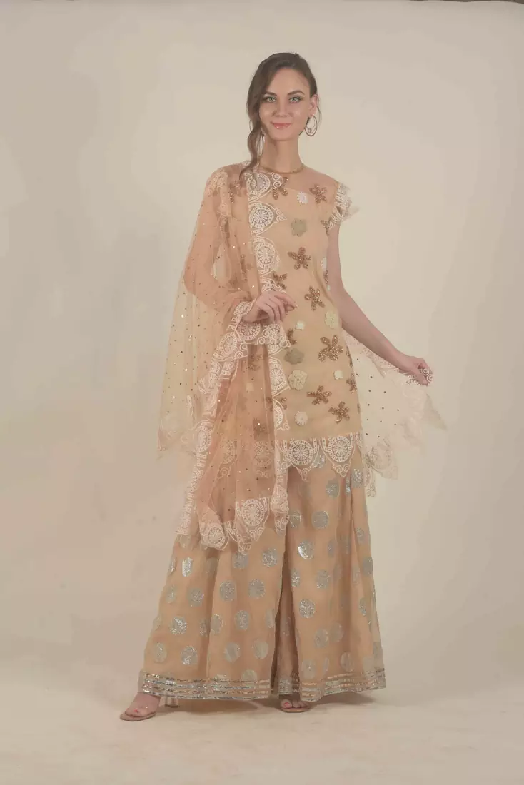 Rina Dhaka peach hand sequence work and thred work with chanderi sharara with net duppata
