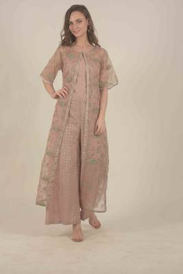  Peach jacket with all over zari work detail with crop top and straight pants 1
