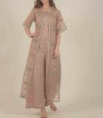  Peach jacket with all over zari work detail with crop top and straight pants