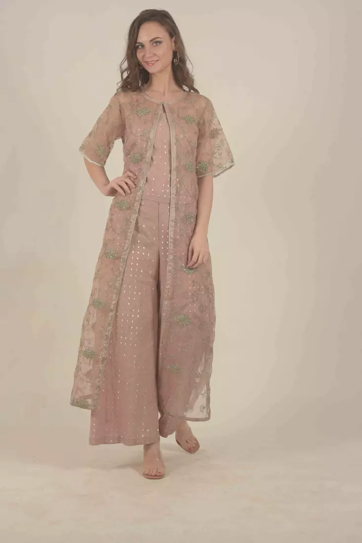 Rina Dhaka peach kacket with all overzari work detail with crop top and straight pants