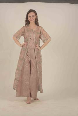  Peach jacket with all over zari work detail with crop top and straight pants 2