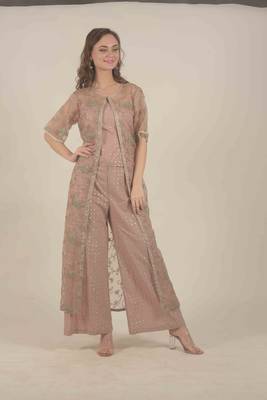  Peach jacket with all over zari work detail with crop top and straight pants 3