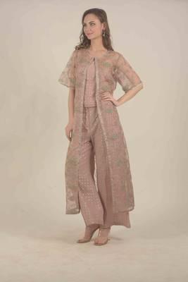  Peach jacket with all over zari work detail with crop top and straight pants 4