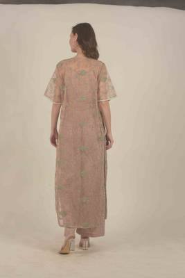  Peach jacket with all over zari work detail with crop top and straight pants 5