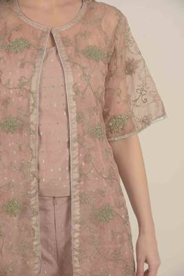  Peach jacket with all over zari work detail with crop top and straight pants 6