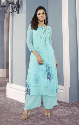 turquoise Georgette Exclusive Sarvoski work top with palazzo 1