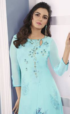 turquoise Georgette Exclusive Sarvoski work top with palazzo 2