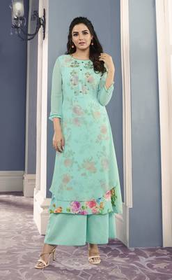 turquoise Georgette Exclusive Sarvoski work top with palazzo 1