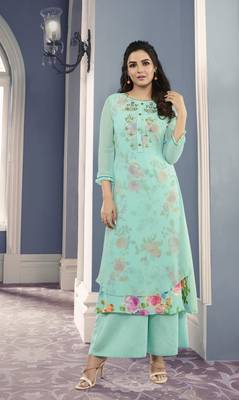turquoise Georgette Exclusive Sarvoski work top with palazzo 2