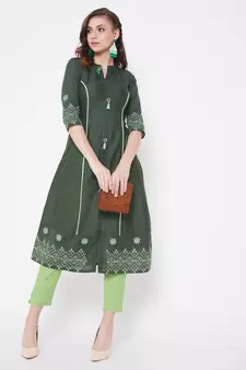 Dark green embroidered cotton kurtas-and-kurtis