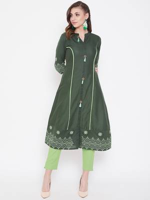 Dark green embroidered cotton kurtas-and-kurtis 4