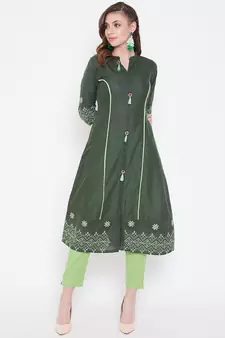 Dark green embroidered cotton kurtas-and-kurtis